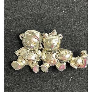 3 Silver Bear Cubs Pin Brooch With Rhinestone Eyes